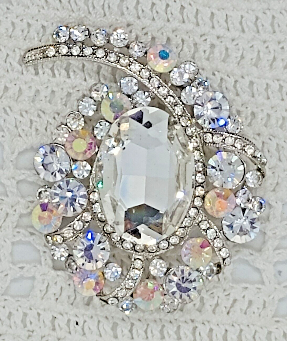 Clear & Arora Borealis Rhinestones Silver-Tone 2.5 x 2 in Unbranded Brooch Pin